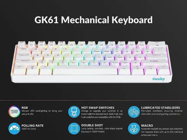 Alt view image 5 of 7 - Geeky GK61 60% | Hot Swappable Mechanical Gaming Keyboard | 61 Keys Multi Color RGB LED Backlit for PC/Mac Gamer | ANSI US American Layout (White, Mechanical Speed Silver)