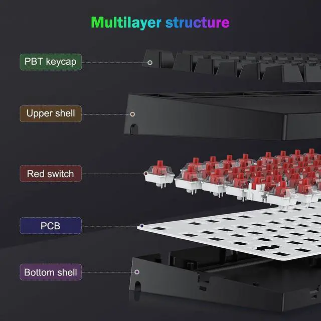 Alt view image 3 of 7 - Gaming Keyboard Mechanical Wired LED Keyboard 5 Macro Keys 87 Keys Compact Teclado Mecanico TKL Gamer Keyboard with Red Switch for PC Computer Laptop Xbox PS4 PS5