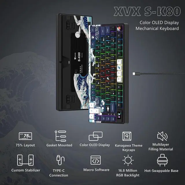Alt view image 6 of 6 - XVX/Womier S-K80 75% Keyboard with Color OLED Display Mechanical Gaming Keyboard, Hot Swappable Keyboard, Gasket Mount RGB Custom Keyboard, Pre-lubed Stabilizer for Mac/Win, Black Kanagawa Theme