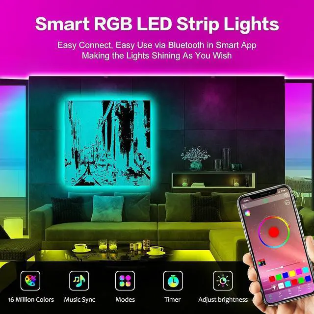 Alt view image 2 of 7 - LED Strip Lights 50ft Led Lights for Bedroom Music Sync RGB Color Changing Led Lights Strip with Smart APP Lights for Bedroom Room Decor