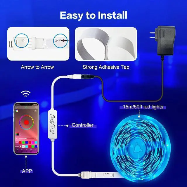 Alt view image 7 of 7 - LED Strip Lights 50ft Led Lights for Bedroom Music Sync RGB Color Changing Led Lights Strip with Smart APP Lights for Bedroom Room Decor