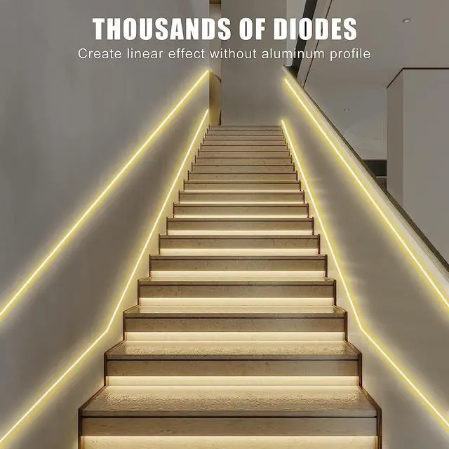 Alt view image 3 of 7 - White COB Led Strip Lights Max with RF Remote 16.4ft 3000K Dimmable Ultra Bright Warm White COB Light Strip Adhesive Indoor COB Led Lights for Living Room Shelf Cabinet