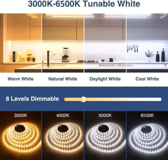 Alt view image 2 of 7 - LED Strip Lights White 52.5ft 24V Dimmable 3000K-6000K LED Tape Rope Light with Remote Flexible 2835 LED Ribbon for Kitchen Under Cabinet Mirror Room Indoor Home Daylight Warm White