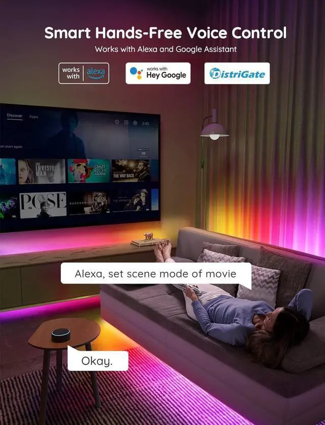Alt view image 4 of 7 - 65.6 feet RGBIC LED Strip Lights for Bedroom, Smart Strip Lights Alexa Compatible, Color Changing LED Lights, Home Decor, 2 Rolls of 32.8 feet