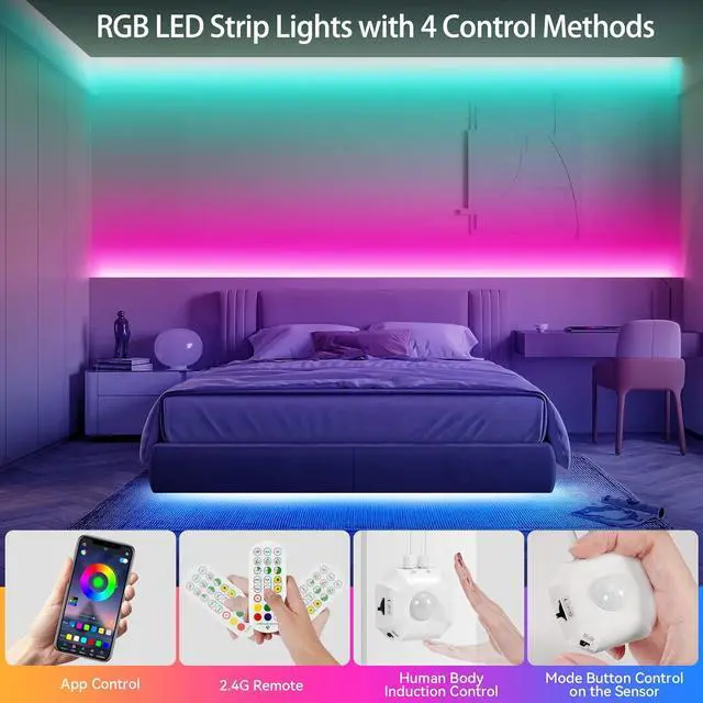 Alt view image 5 of 7 - Motion Activated LED Strip Under Bed Lights 9.8Ft RGB LED Strip Lights with Motion Sensor Remote App Control Music Sync Motion Sensor LED Light Strip USB Powered for Bedroom Cabinet TV PC