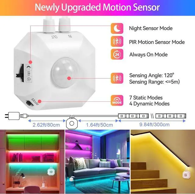 Alt view image 2 of 7 - Motion Activated LED Strip Under Bed Lights 9.8Ft RGB LED Strip Lights with Motion Sensor Remote App Control Music Sync Motion Sensor LED Light Strip USB Powered for Bedroom Cabinet TV PC