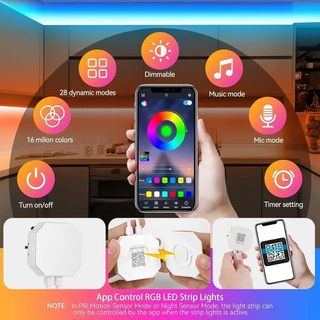 Alt view image 4 of 7 - Motion Activated LED Strip Under Bed Lights 9.8Ft RGB LED Strip Lights with Motion Sensor Remote App Control Music Sync Motion Sensor LED Light Strip USB Powered for Bedroom Cabinet TV PC