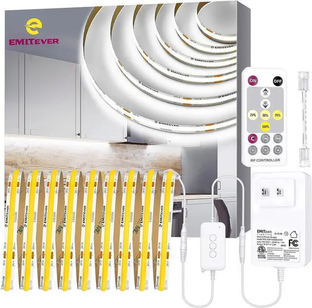 Main image of LED Strip Light Cool White 5000K 16.4ft 24V DC COB Dimmable Tape Lights with RF Controller Premium High Density Power Adapter 1600LEDs Suitable for Bedroom Kitchen Cabinets Indoor Use