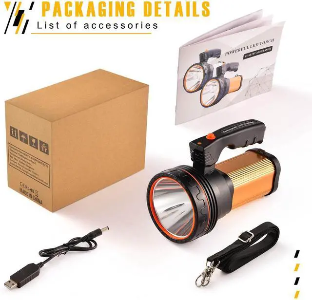 Alt view image 7 of 7 - Flashlights High Lumens, 9000LM Spotlight Flashlights, IPX5 Waterproof Flashlight, 20h Ultra-Long Standby Rechargeable Spotlight with Shoulder Strap for Camping with USB Output