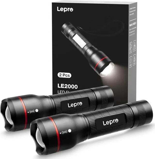 Main image of Lepro LED Flashlights LE2000 High Lumen, 5 Lighting Modes, Zoomable, Waterproof, Pocket Size Flashlight for Outdoor, Emergency, Camping Gear, Powered by AAA Battery, 2 Pack