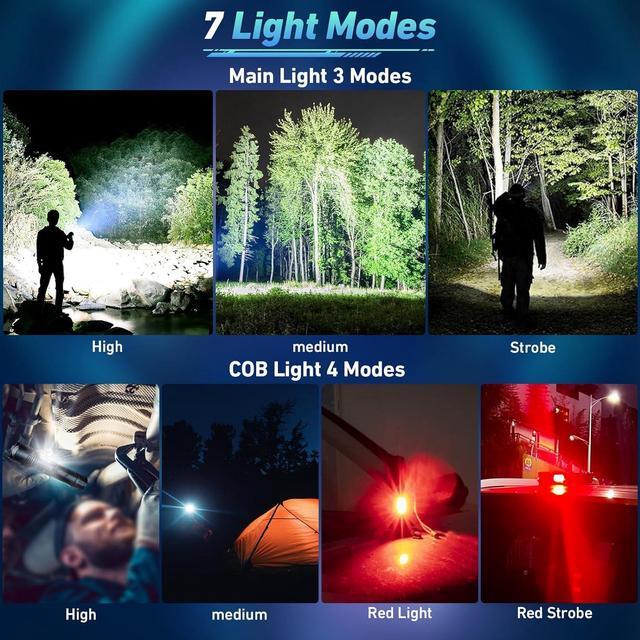 Alt view image 5 of 7 - Rechargeable LED Flashlights High Lumen,990,000 Lumens Super Bright Flashlight,Powerful Flash Light 7 Modes with COB Work Light IPX7 Waterproof for Outdoor Emergency Camping Hiking