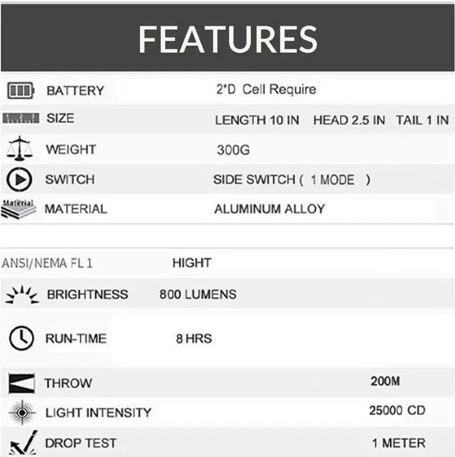 Alt view image 5 of 6 - KunHe 2 Pack Heavy Duty 2 D Cell Battery LED Big Flashlights High Lumens Single Mode Flashlight