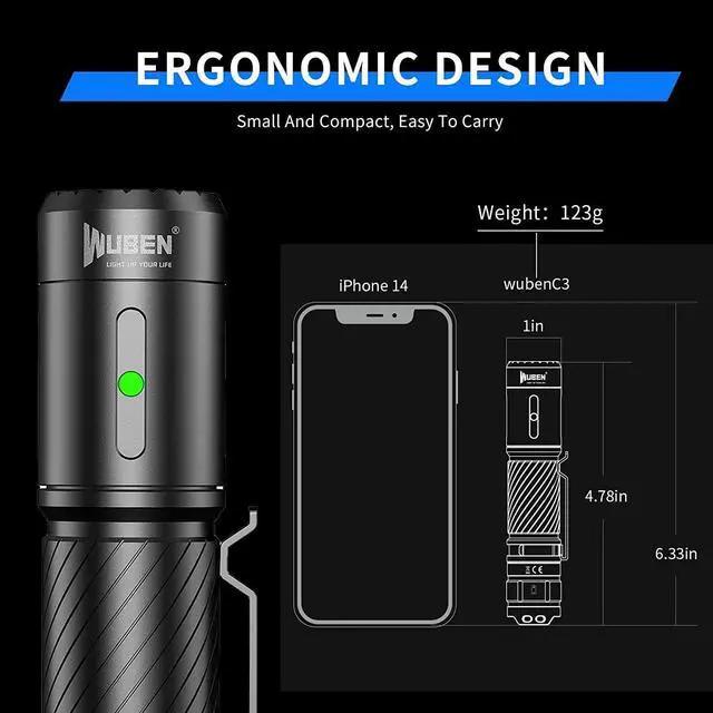 Alt view image 6 of 7 - WUBEN C3 Flashlight 1200 High Lumens Rechargeable Flashlights 6 Modes Super Bright IP68 LED Tactical Flashlight for Camping, Home, Emergency, Rescue, Hunting, Inspection, Repair, Tool Gifts for Men