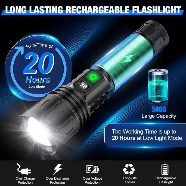 Alt view image 3 of 7 - Flashlights High Lumens Rechargeable - 2 k Super Bright Powerful LED Flashlight with 5 Modes Waterproof Handheld Flash Light for Home,Camping,Car, Zoomable,Power Display (2k Black)