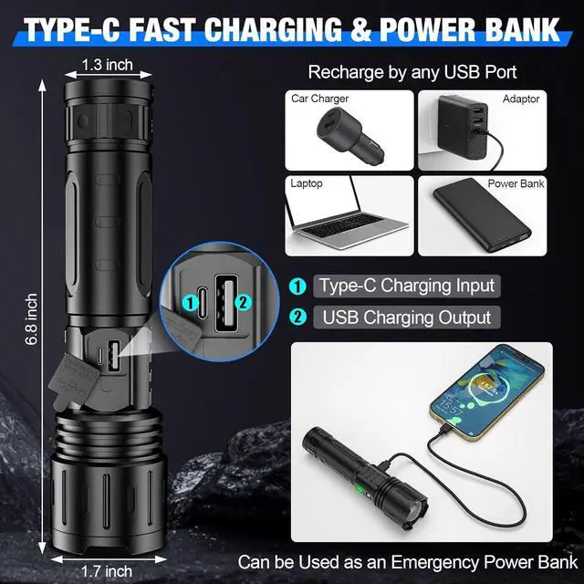 Alt view image 4 of 7 - Flashlights High Lumens Rechargeable - 2 k Super Bright Powerful LED Flashlight with 5 Modes Waterproof Handheld Flash Light for Home,Camping,Car, Zoomable,Power Display (2k Black)