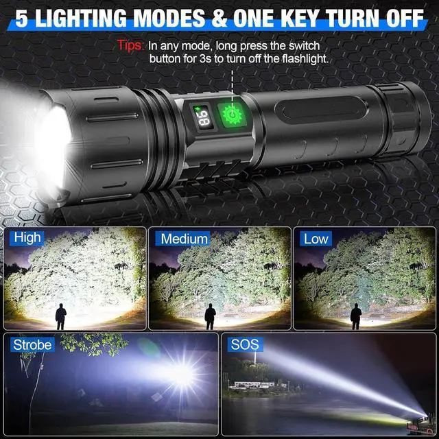 Alt view image 6 of 7 - Flashlights High Lumens Rechargeable - 2 k Super Bright Powerful LED Flashlight with 5 Modes Waterproof Handheld Flash Light for Home,Camping,Car, Zoomable,Power Display (2k Black)