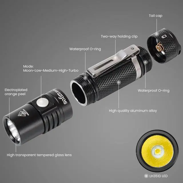 Alt view image 4 of 7 - sofirn SP10 Pro Mini Flashlight 900 Lumens, Small AA Flashlight with LH351D LED 90CRI, Anduril 2 UI, Pocket Flashlight for Camping, Outdoor, Hiking Emergency (Black-KIT)