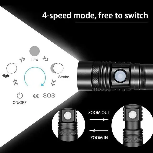 Alt view image 4 of 7 - Rechargeable Flashlight Pocket-Sized Torch with Super Bright 1200 Lumens T6 LED Water Resistant Zoomable LED Tactical Flashlights with Clip 4 Modes for Camping Hiking and Emergency(2 Pack)