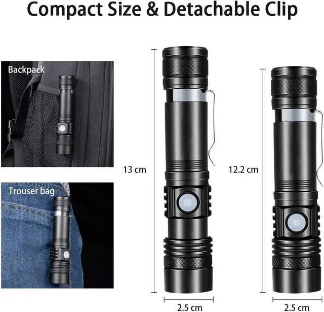 Alt view image 7 of 7 - Rechargeable Flashlight Pocket-Sized Torch with Super Bright 1200 Lumens T6 LED Water Resistant Zoomable LED Tactical Flashlights with Clip 4 Modes for Camping Hiking and Emergency(2 Pack)