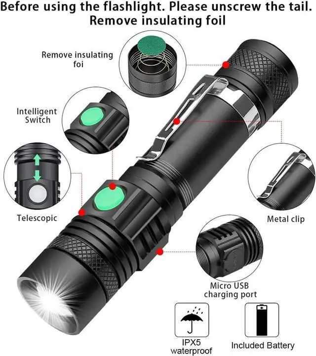 Alt view image 6 of 7 - Rechargeable Flashlight Pocket-Sized Torch with Super Bright 1200 Lumens T6 LED Water Resistant Zoomable LED Tactical Flashlights with Clip 4 Modes for Camping Hiking and Emergency(2 Pack)