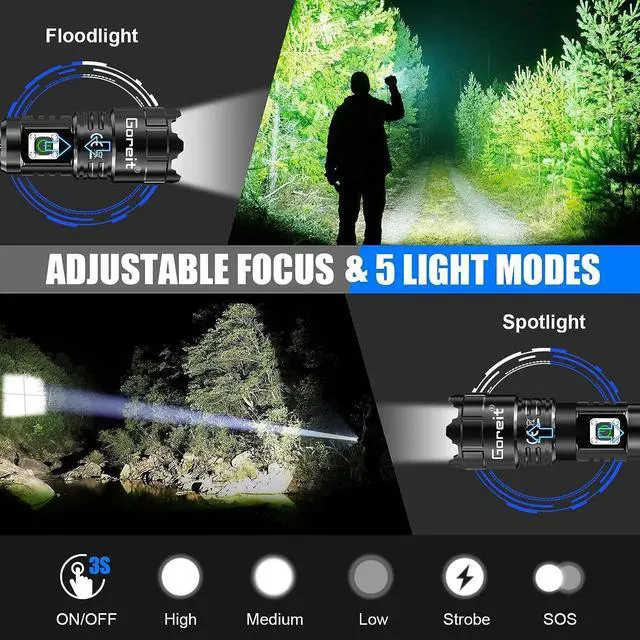 Alt view image 3 of 7 - Goreit Flashlights High Lumens Rechargeable, 950000 Lumen XHP70.2 LED Flashlight USB Super Bright Flash lights, High Powered Handheld Flashlights for Emergencies Camping, Waterproof, Adjustable Focus