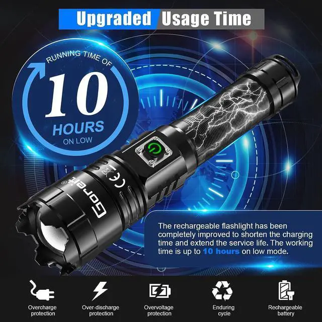 Alt view image 5 of 7 - Goreit Flashlights High Lumens Rechargeable, 950000 Lumen XHP70.2 LED Flashlight USB Super Bright Flash lights, High Powered Handheld Flashlights for Emergencies Camping, Waterproof, Adjustable Focus