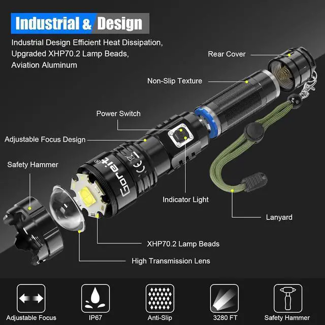 Alt view image 6 of 7 - Goreit Flashlights High Lumens Rechargeable, 950000 Lumen XHP70.2 LED Flashlight USB Super Bright Flash lights, High Powered Handheld Flashlights for Emergencies Camping, Waterproof, Adjustable Focus