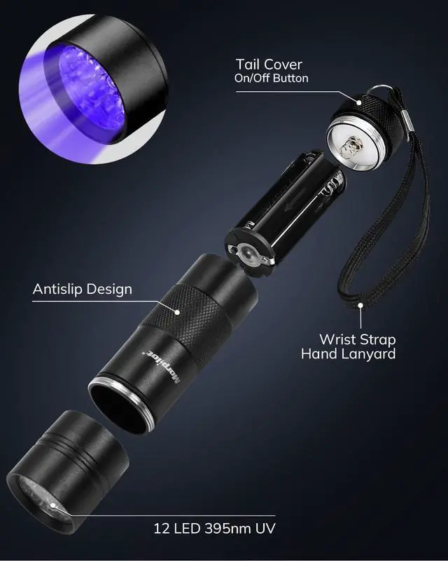 Alt view image 7 of 7 - Blacklight Flashlights uv Flashlight 12 LED 395nm Ultraviolet Blacklight 2 PCS Black Light Flashlight Mini Torch Light Pet Urine Detector Light for Dog/Cat Dry Stains Resin Curing Bed Bug