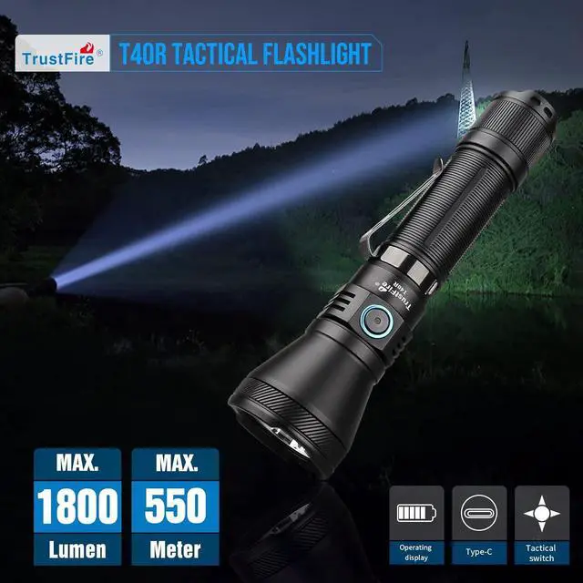 Alt view image 2 of 7 - T40R Tactical Flashlights 1800 Lumen Flashlights High Lumens 550 Meter Beam Reach Rechargeable Flashlights Ip68 LED Flashlight 6 Modes Dual Switch Flashlights