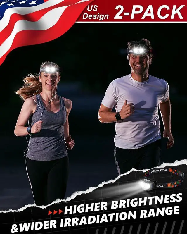Alt view image 2 of 7 - Headlamp Rechargeable 2PCS 1200 Lumen Super Bright LED Flashlight with Motion Sensor for Adults and Kids- Camping Accessories Gear Waterproof for Hiking Running Fishing Cycling