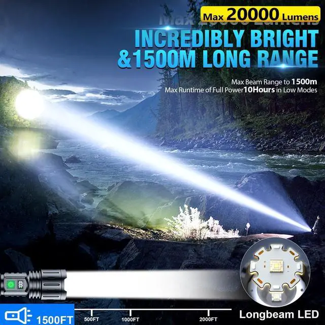 Alt view image 3 of 7 - Flashlights 20000 High Lumens Rechargeable - 20H Runtime 1500 Meters Long Beam Super Bright LED Flash Light with Power Display & IPX5 Waterproof for Camping 5 Modes Zoomable Handheld Flashlight 2pcs