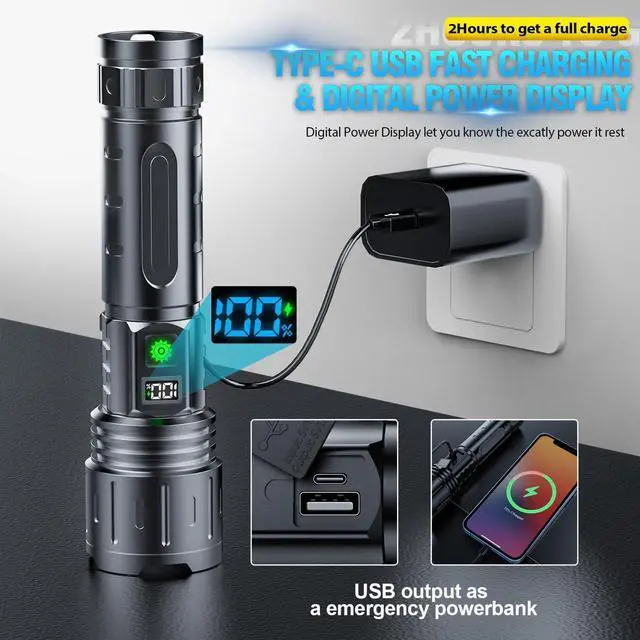 Alt view image 4 of 7 - Flashlights 20000 High Lumens Rechargeable - 20H Runtime 1500 Meters Long Beam Super Bright LED Flash Light with Power Display & IPX5 Waterproof for Camping 5 Modes Zoomable Handheld Flashlight 2pcs