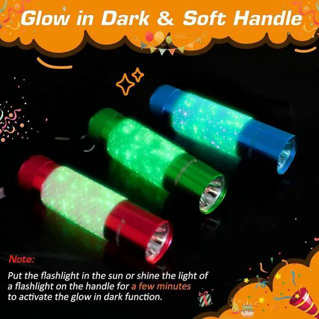 Alt view image 3 of 7 - EverBrite 6-Pack Mini Flashlights, Glow in Dark Flashlights, Aluminum LED Flashlights Party Favors Assorted Colors for Camping, Hiking, Indoor, 18XAAA Batteries Included