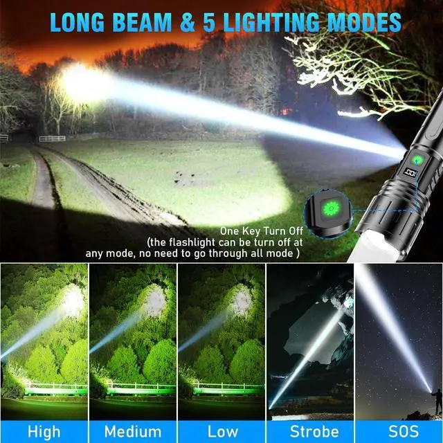 Alt view image 7 of 7 - Flashlights 20000 High Lumens Rechargeable - 20H Runtime 1500 Meters Long Beam Super Bright LED Flash Light with Power Display & IPX5 Waterproof for Camping 5 Modes Zoomable Handheld Flashlight 2pcs