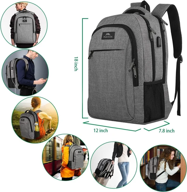Alt view image 6 of 7 - Matein Travel Laptop Backpack, Business Anti Theft Slim Durable Laptops Backpack with USB Charging Port, Water Resistant College School Computer Bag Gifts for Men & Women Fits 15.6 Inch Notebook, Grey