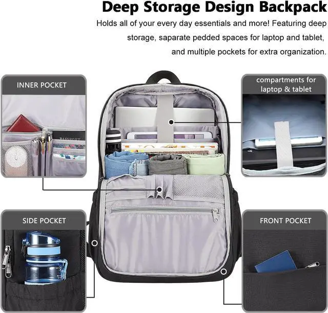 Alt view image 2 of 7 - Deep Storage Laptop Backpack with USB Charging Port[Water Resistant] College Computer Bookbag Fits 15 Inch Laptop Black