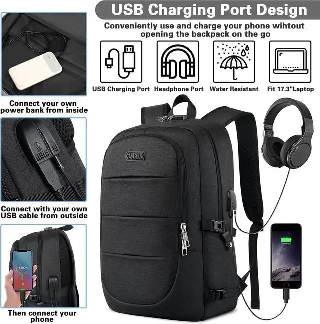 Alt view image 2 of 7 - Travel Laptop Backpack, 17.3 inch Anti Theft Business Laptop Backpack with USB Charging Port and Headphone Interface, Computer Backpack for College School Student Work Men & Women