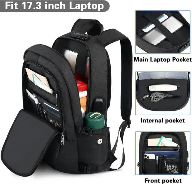Alt view image 4 of 7 - Travel Laptop Backpack, 17.3 inch Anti Theft Business Laptop Backpack with USB Charging Port and Headphone Interface, Computer Backpack for College School Student Work Men & Women