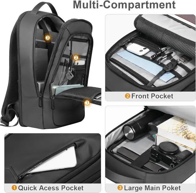 Alt view image 5 of 7 - hk Laptop Backpack for Men Expandable Smart Business Backpack with USB Charging Port Water Resistant Anti-theft Lightweight 15.6 Inch Computer Laptop Bag for Office College Commute Travel Work-Black