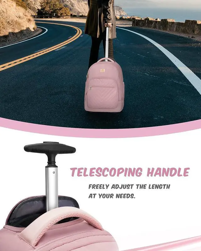 Alt view image 5 of 7 - MATEIN Rolling Backpack for Women, 17 Inch Travel Laptop Backpacks with Wheels, Large Carry On Business Luggage Roller Backpack, Waterproof Trolley Suitcase Overnight College Work Computer Bag, Pink
