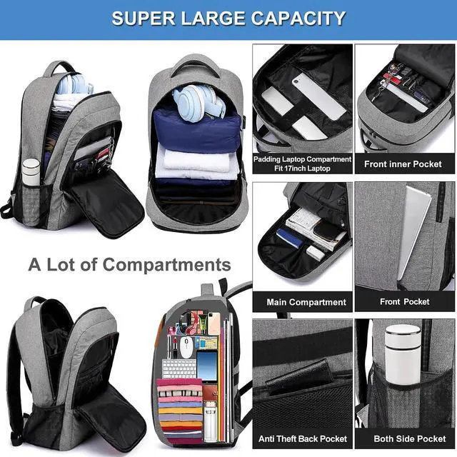 Alt view image 3 of 7 - Travel Laptop Backpack, Business Work Bag Water Resistant 17 in Laptop Backpack Bag for Men Women with USB Charging Port Anti Theft Computer Bag, Grey