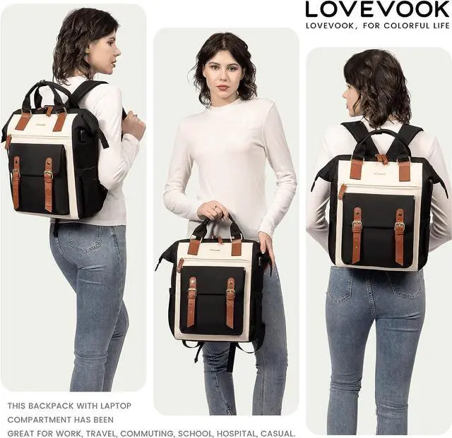 Alt view image 2 of 7 - Laptop Backpack For Women Work Large Travel Backpack Purse Nurse Bag College Backpack Teacher Doctor Business Laptop Bag Waterproof Wide Open Computer Back pack 17 Inch Black-Beige-Brown