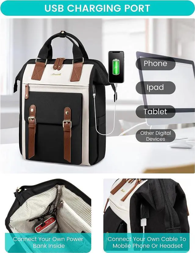 Alt view image 7 of 7 - Laptop Backpack For Women Work Large Travel Backpack Purse Nurse Bag College Backpack Teacher Doctor Business Laptop Bag Waterproof Wide Open Computer Back pack 17 Inch Black-Beige-Brown