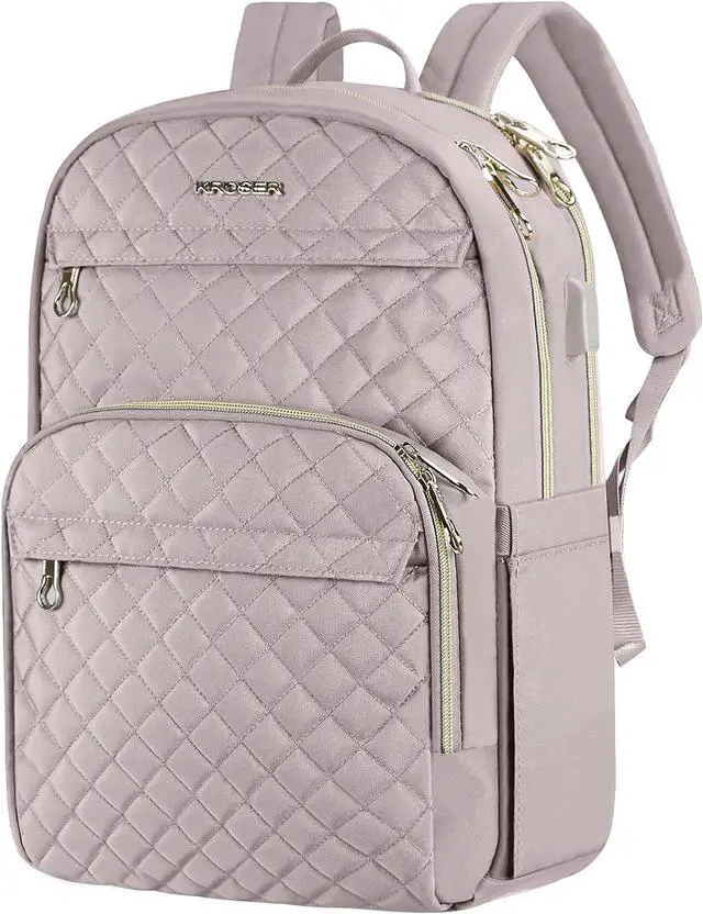 Main image of KROSER Laptop Backpack for Women 15.6 Inch Stylish Daypack with USB Charging Port, Water-repellent Nylon Backpack for Travel/Business, Dusty Pink