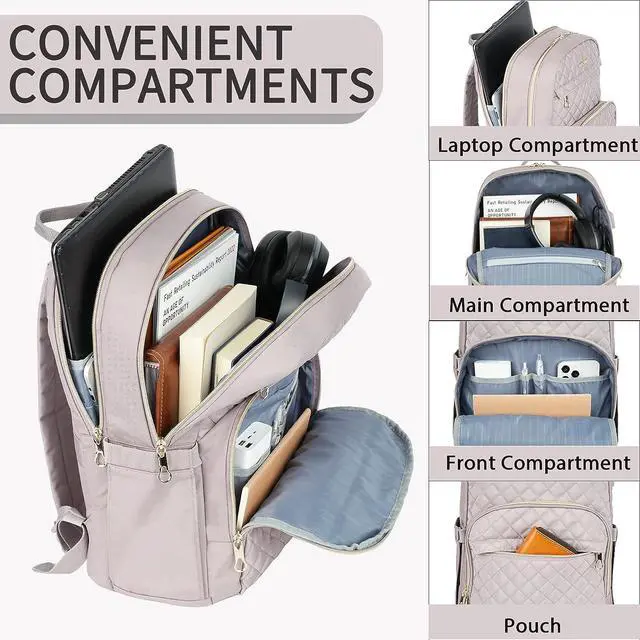 Alt view image 2 of 7 - KROSER Laptop Backpack for Women 15.6 Inch Stylish Daypack with USB Charging Port, Water-repellent Nylon Backpack for Travel/Business, Dusty Pink