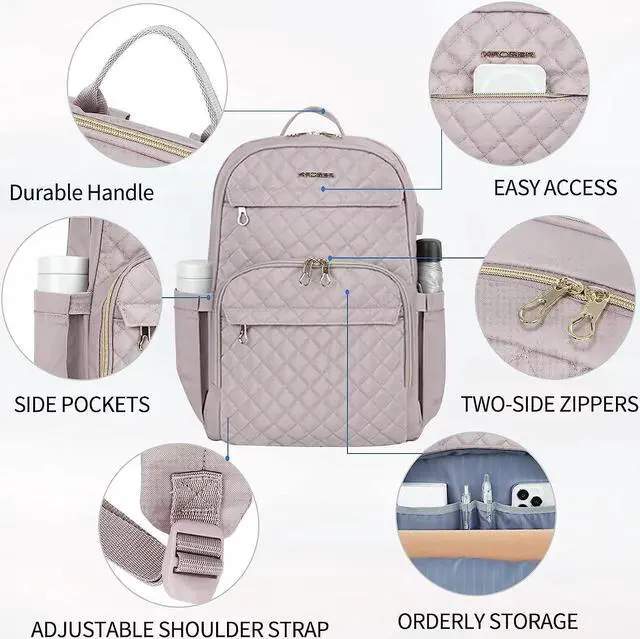 Alt view image 3 of 7 - KROSER Laptop Backpack for Women 15.6 Inch Stylish Daypack with USB Charging Port, Water-repellent Nylon Backpack for Travel/Business, Dusty Pink