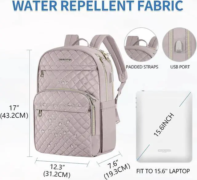 Alt view image 4 of 7 - KROSER Laptop Backpack for Women 15.6 Inch Stylish Daypack with USB Charging Port, Water-repellent Nylon Backpack for Travel/Business, Dusty Pink