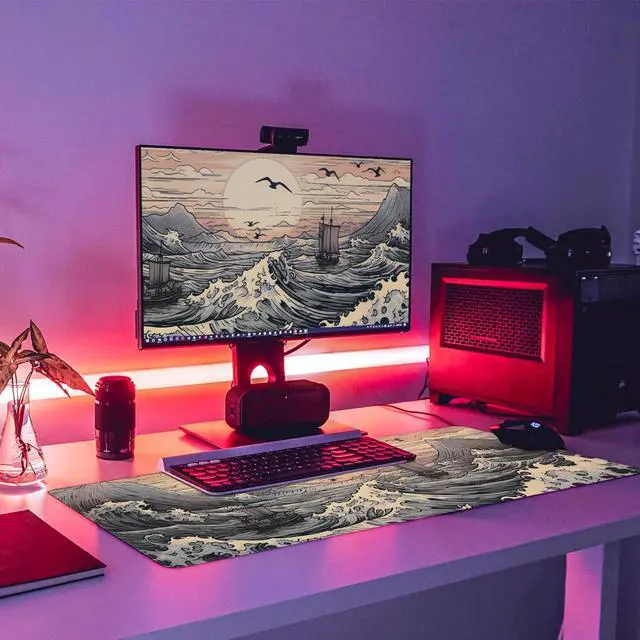 Alt view image 7 of 7 - Japanese Sea Waves Large Gaming Mouse Pad XL Mouse Pad Gaming Mouse Mat Desk Pad 31.5 x 11.8in Desk Mat Anime Mouse Pads for Desk Extended Keyboard Pad Mousepad with Non-Slip Base and Stitched Edge
