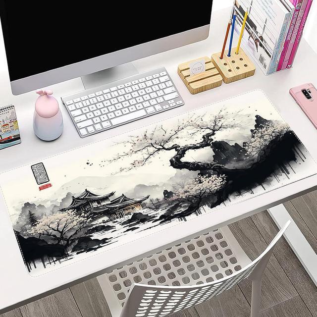 Alt view image 4 of 7 - Japanese White Mouse Pad Large Cherry Blossom Desk Mat XL Anime Gaming Keyboard Mat Non-Slip Rubber Base Big Extended Desk Protector for Home Office 31.5x11.8 (River Snow)