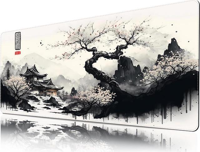Alt view image 7 of 7 - Japanese White Mouse Pad Large Cherry Blossom Desk Mat XL Anime Gaming Keyboard Mat Non-Slip Rubber Base Big Extended Desk Protector for Home Office 31.5x11.8 (River Snow)